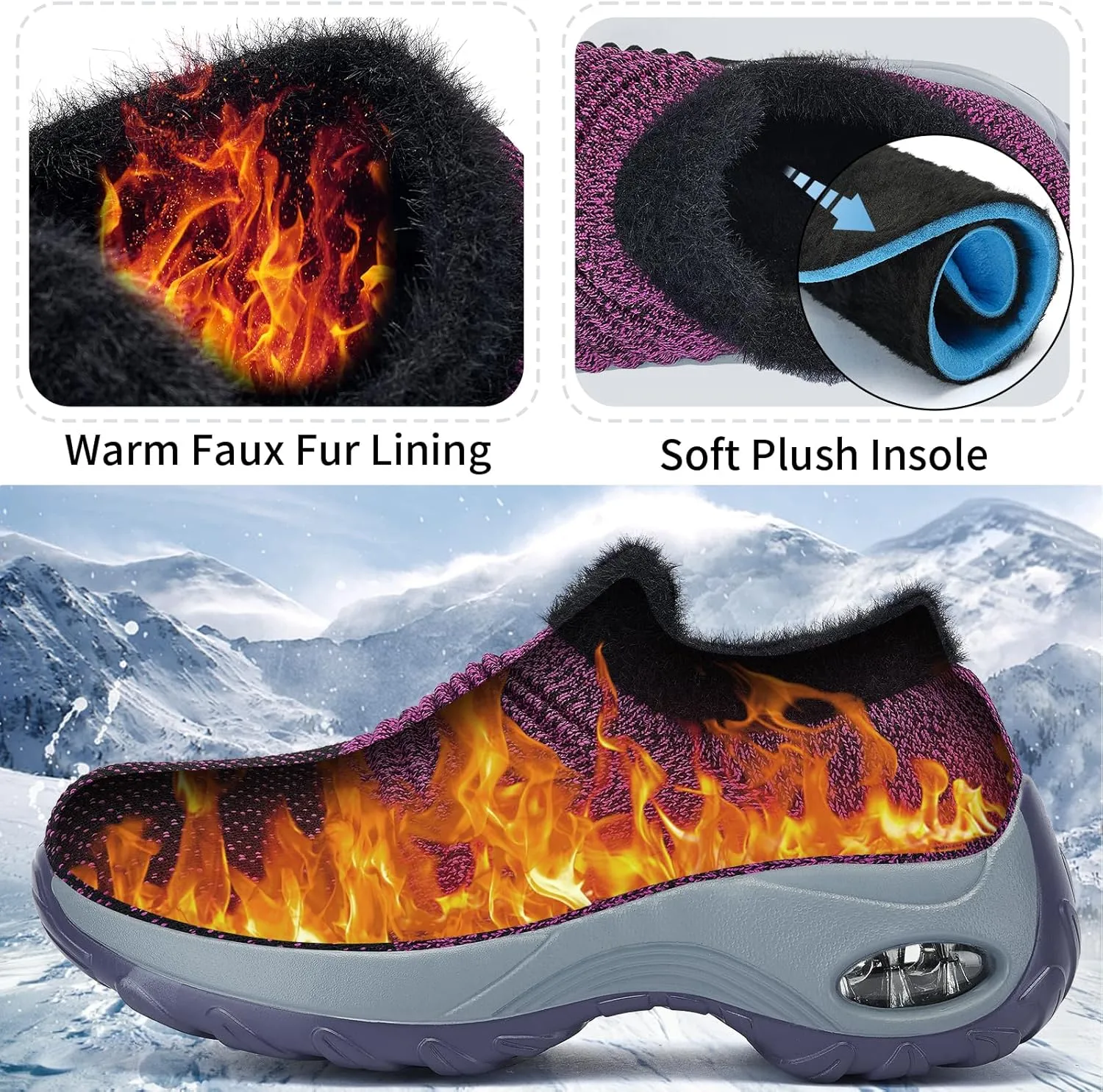 Women's Fleece Walking Shoes, Winter Warm Sock Sneakers, Pull On Mesh Air Cushion Platform