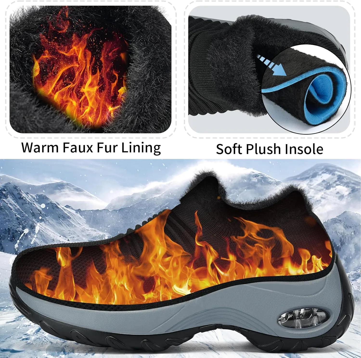 Women's Fleece Walking Shoes, Winter Warm Sock Sneakers, Pull On Mesh Air Cushion Platform