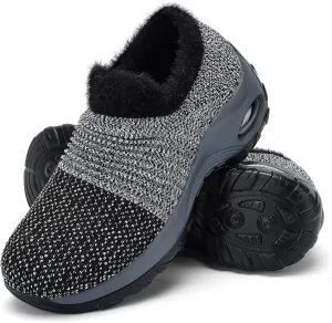 Women's Fleece Walking Shoes, Winter Warm Sock Sneakers, Pull On Mesh Air Cushion Platform