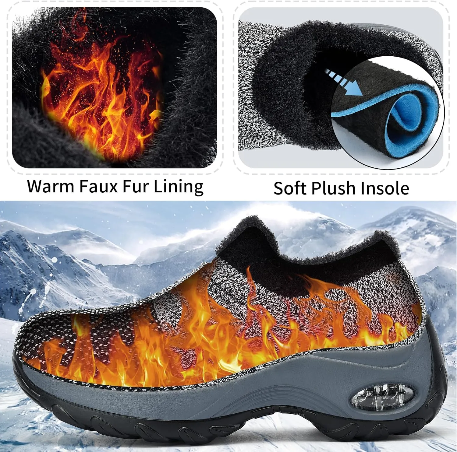Women's Fleece Walking Shoes, Winter Warm Sock Sneakers, Pull On Mesh Air Cushion Platform