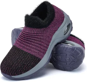 Women's Fleece Walking Shoes, Winter Warm Sock Sneakers, Pull On Mesh Air Cushion Platform