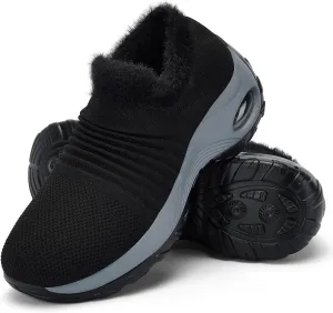 Women's Fleece Walking Shoes, Winter Warm Sock Sneakers, Pull On Mesh Air Cushion Platform
