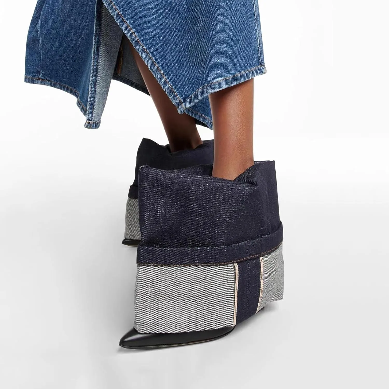 Women's Fold Over Denim Boots Pointed Toe Wide Calf Ankle Boots Pull On Fashion Dress High Heels Booties