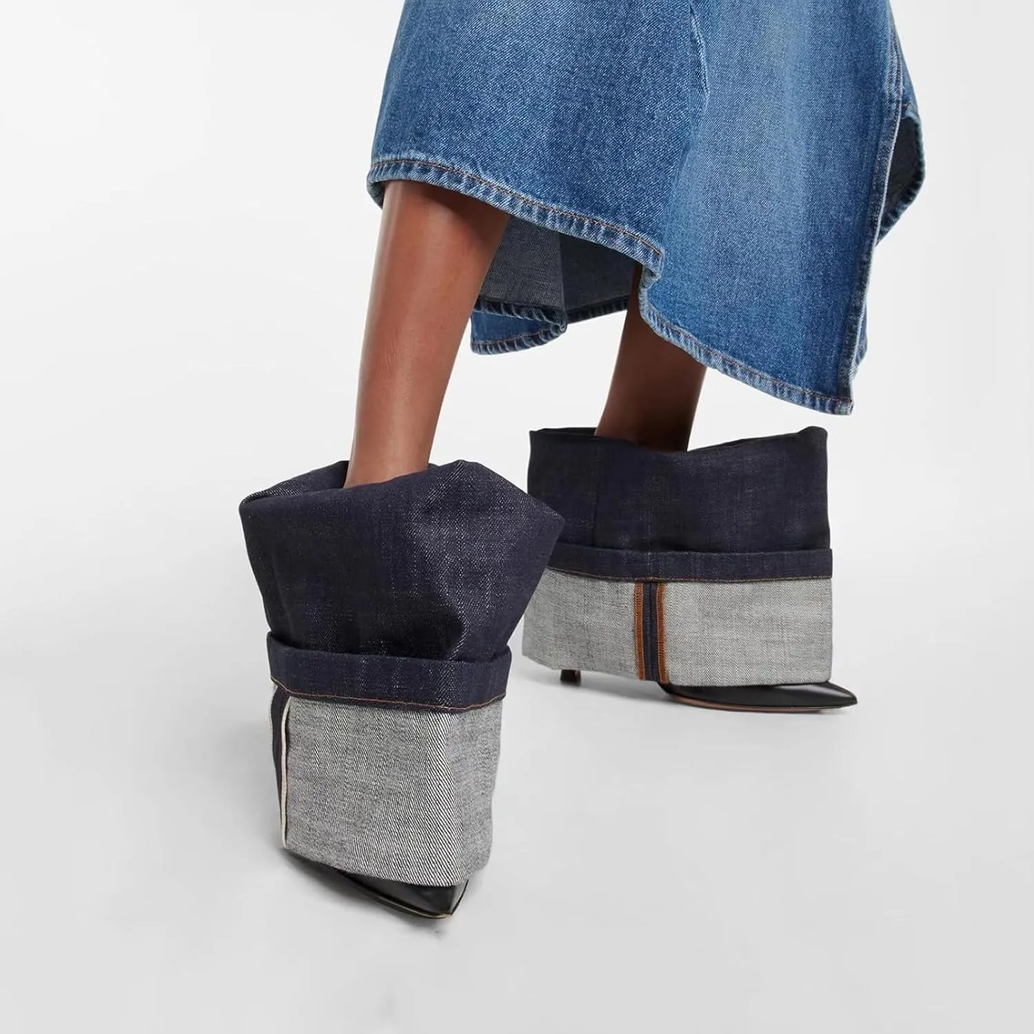 Women's Fold Over Denim Boots Pointed Toe Wide Calf Ankle Boots Pull On Fashion Dress High Heels Booties