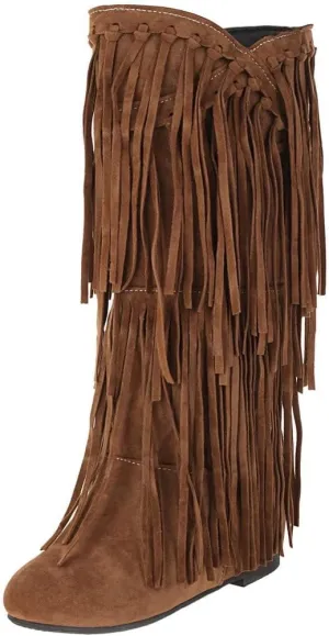 Womens Fringe Western Boots Fashion Hidden Heel Knee-high Boots Round Toe Platform Tassel Moccasin Boots
