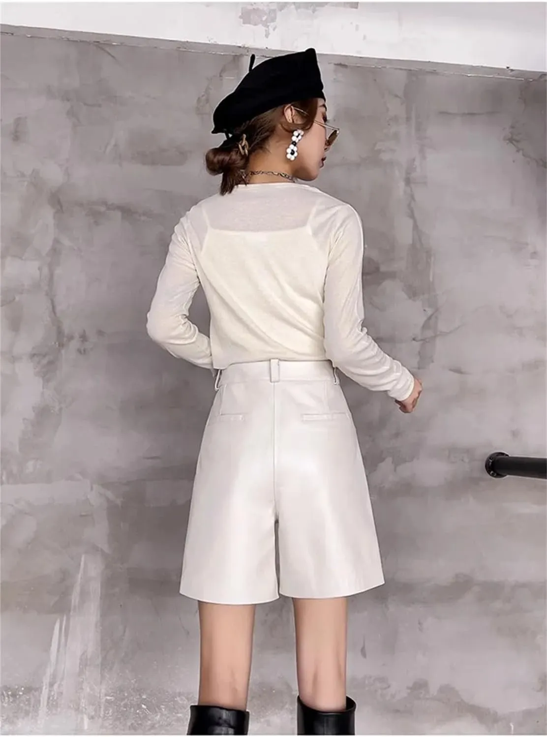 Women’s Front-Tie Faux Leather Wrap Shorts Adjustable Waist with Floral Embroidery Versatile Day-to-Night