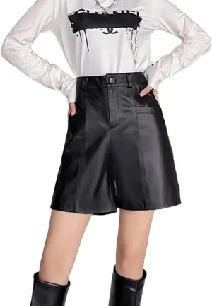 Women’s Front-Tie Faux Leather Wrap Shorts Adjustable Waist with Floral Embroidery Versatile Day-to-Night