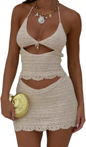 Women's Halter Bodycon Mini Dress Sleeveless Tie Backless Hollow Out Corset Knit Wrap Beach Dress Summer 2025