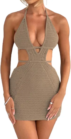 Women's Halter Bodycon Mini Dress Sleeveless Tie Backless Hollow Out Corset Knit Wrap Beach Dress Summer 2025