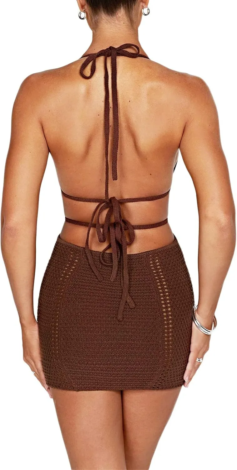 Women's Halter Bodycon Mini Dress Sleeveless Tie Backless Hollow Out Corset Knit Wrap Beach Dress Summer 2025
