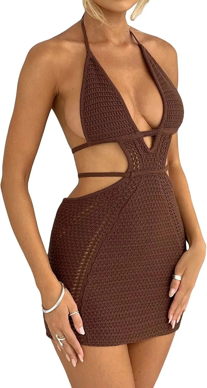 Women's Halter Bodycon Mini Dress Sleeveless Tie Backless Hollow Out Corset Knit Wrap Beach Dress Summer 2025