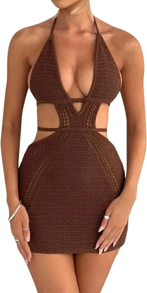 Women's Halter Bodycon Mini Dress Sleeveless Tie Backless Hollow Out Corset Knit Wrap Beach Dress Summer 2025