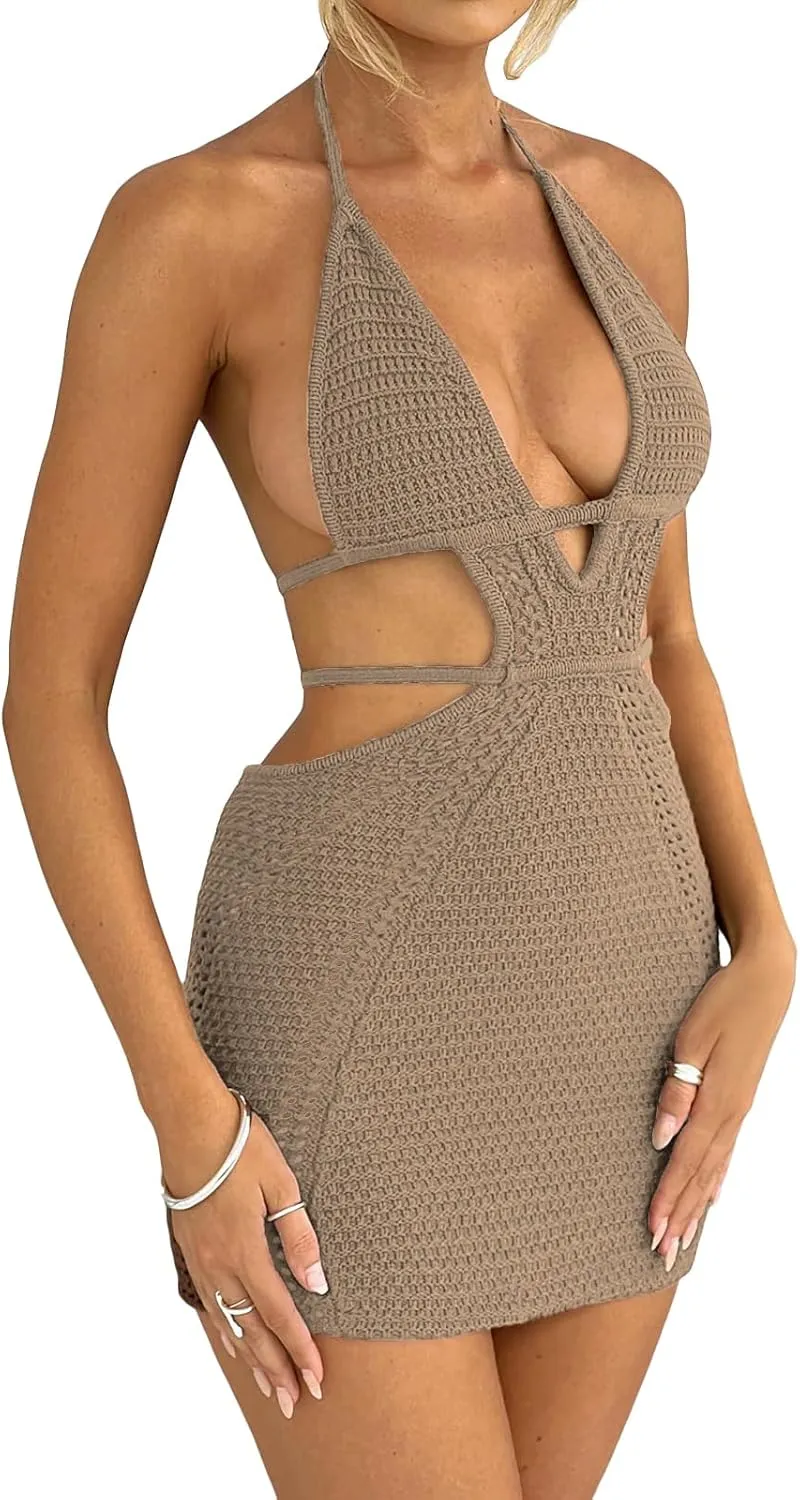 Women's Halter Bodycon Mini Dress Sleeveless Tie Backless Hollow Out Corset Knit Wrap Beach Dress Summer 2025