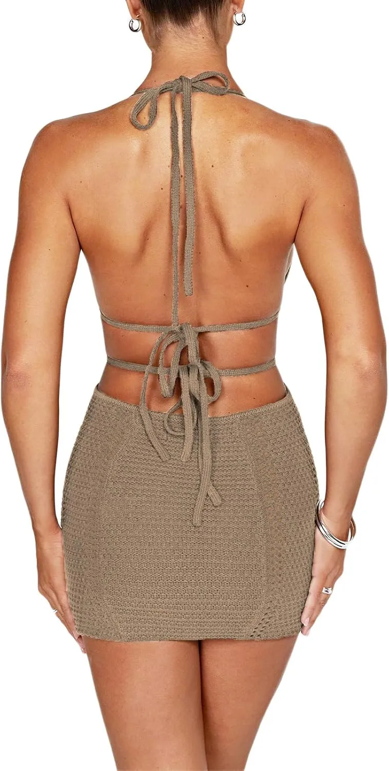 Women's Halter Bodycon Mini Dress Sleeveless Tie Backless Hollow Out Corset Knit Wrap Beach Dress Summer 2025