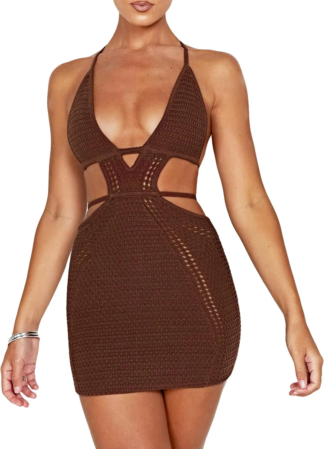 Women's Halter Bodycon Mini Dress Sleeveless Tie Backless Hollow Out Corset Knit Wrap Beach Dress Summer 2025