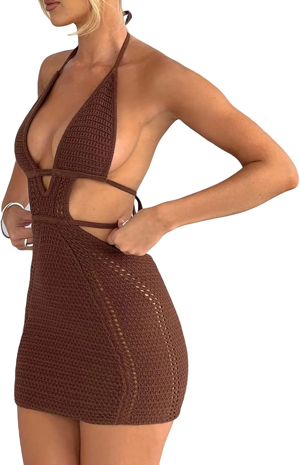 Women's Halter Bodycon Mini Dress Sleeveless Tie Backless Hollow Out Corset Knit Wrap Beach Dress Summer 2025