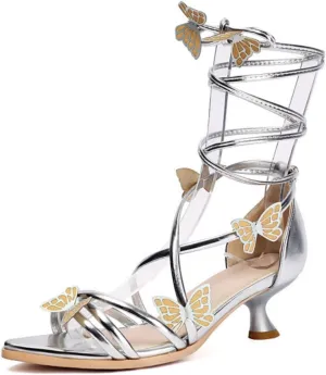 Women's Kitten Low Chunky Heels Bow Lace Up Mules Sandals Fashion Butterfly Wrap Strap Pointed Open Toe Dress Wedding Prom Party Pumps Shoes