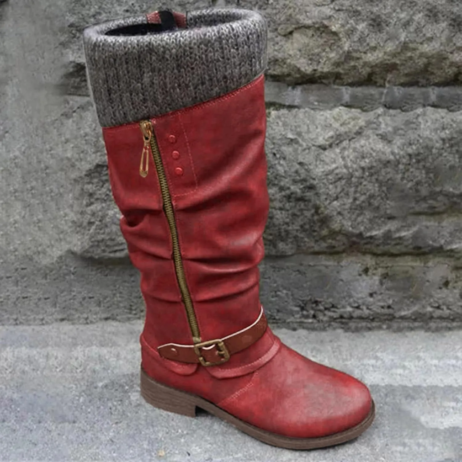 Womens Knee High Boots Low Heel,Warm Knitted Snow Boots Slouchy Round Toe Military Boots with Zip Wide Calf Booties