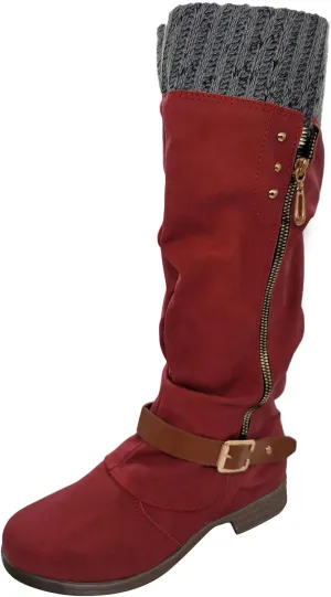 Womens Knee High Boots Low Heel,Warm Knitted Snow Boots Slouchy Round Toe Military Boots with Zip Wide Calf Booties