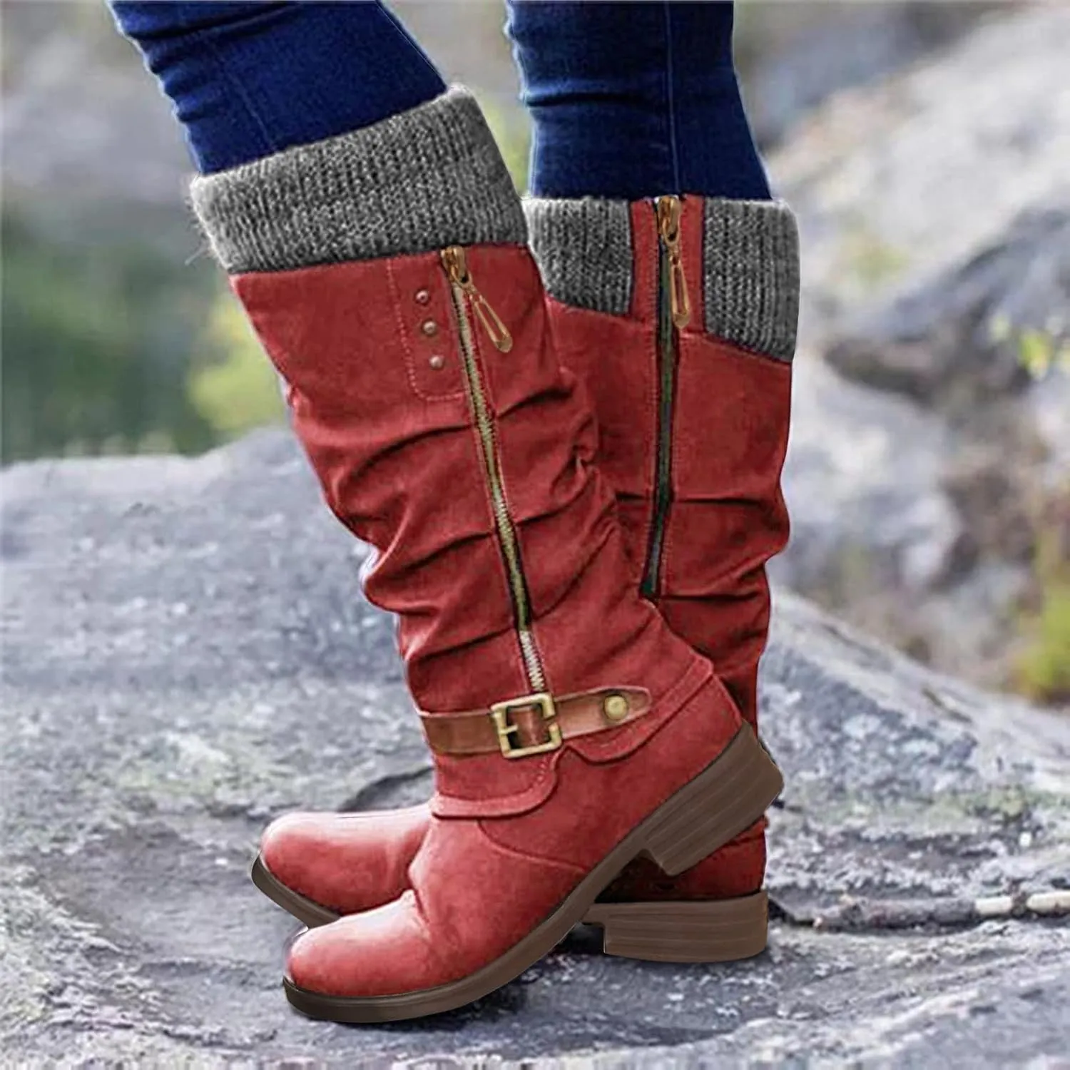 Womens Knee High Boots Low Heel,Warm Knitted Snow Boots Slouchy Round Toe Military Boots with Zip Wide Calf Booties