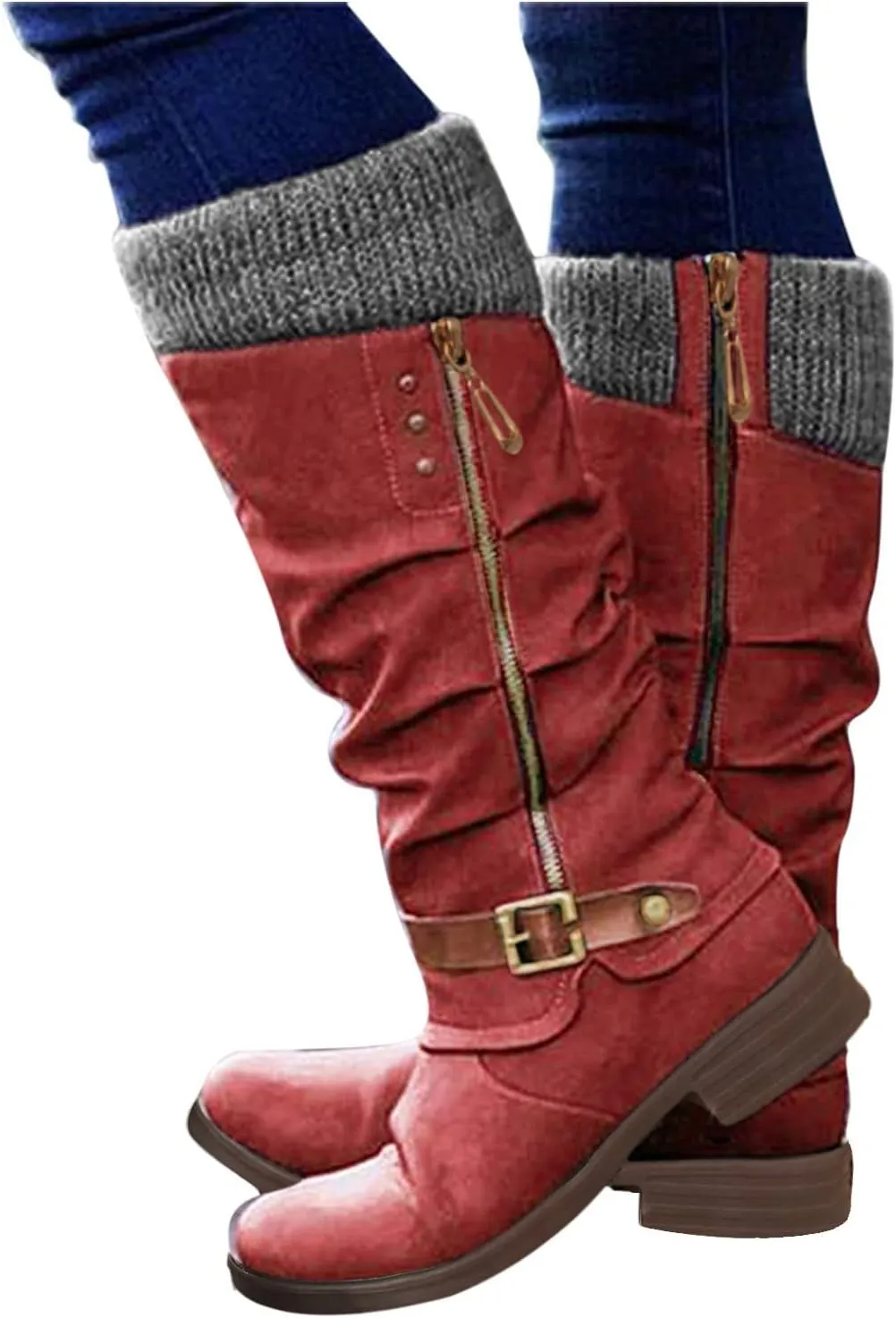 Womens Knee High Boots Low Heel,Warm Knitted Snow Boots Slouchy Round Toe Military Boots with Zip Wide Calf Booties