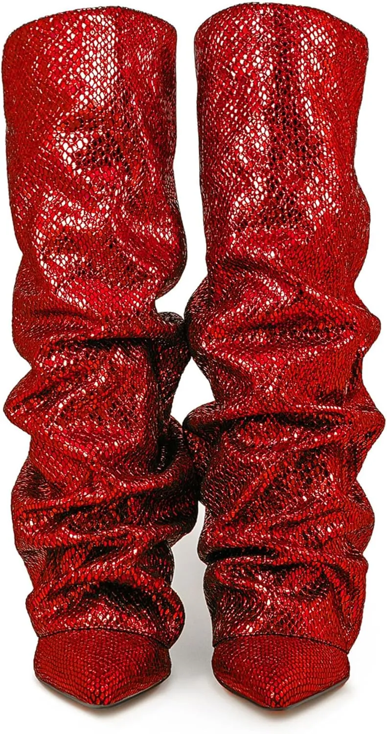 Women's Knee-High Boots Metallic Crocodile Pattern Super High Wedge Heel Stiletto Slouchy Tall Autumn/Winter Fashion Party Office Work Wear