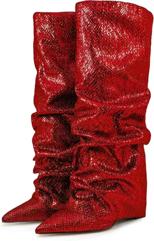 Women's Knee-High Boots Metallic Crocodile Pattern Super High Wedge Heel Stiletto Slouchy Tall Autumn/Winter Fashion Party Office Work Wear