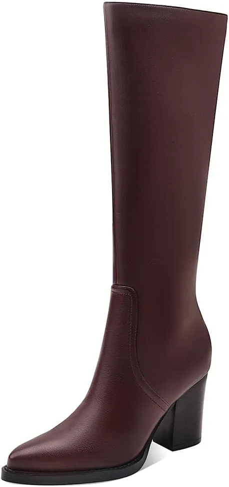 Womens Knee High Boots Retro Chunky Heel Pointed Toe Pull On Classic Knee High Boots for Women Girls Ladies Retro Tall Boot Winter Fall Fashion Boot