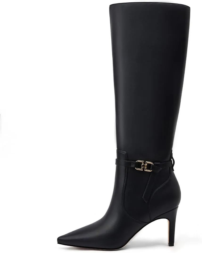 Women's Knee High Boots Women Mid Heel Pointed Toe Tall Boots for Women High Heel Side Zipper with Buckle Bow Knots Long Boots for Fall Winter for Fall Winter