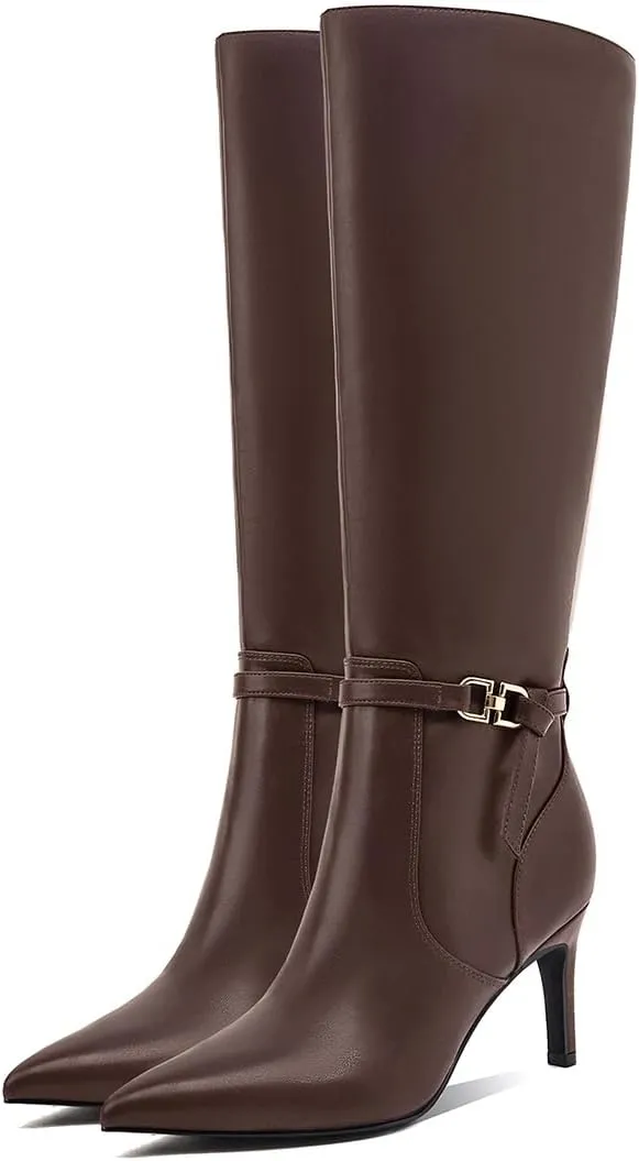 Women's Knee High Boots Women Mid Heel Pointed Toe Tall Boots for Women High Heel Side Zipper with Buckle Bow Knots Long Boots for Fall Winter for Fall Winter