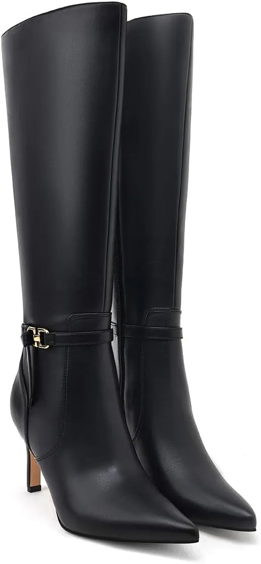 Women's Knee High Boots Women Mid Heel Pointed Toe Tall Boots for Women High Heel Side Zipper with Buckle Bow Knots Long Boots for Fall Winter for Fall Winter