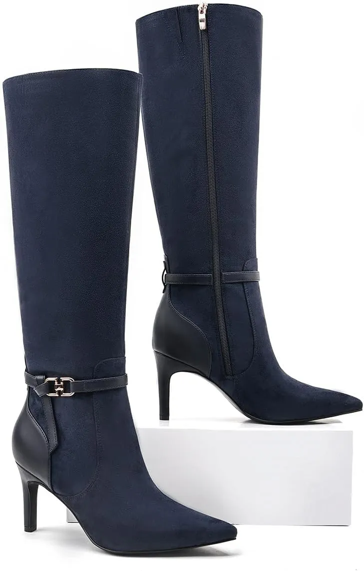 Women's Knee High Boots Women Mid Heel Pointed Toe Tall Boots for Women High Heel Side Zipper with Buckle Bow Knots Long Boots for Fall Winter for Fall Winter