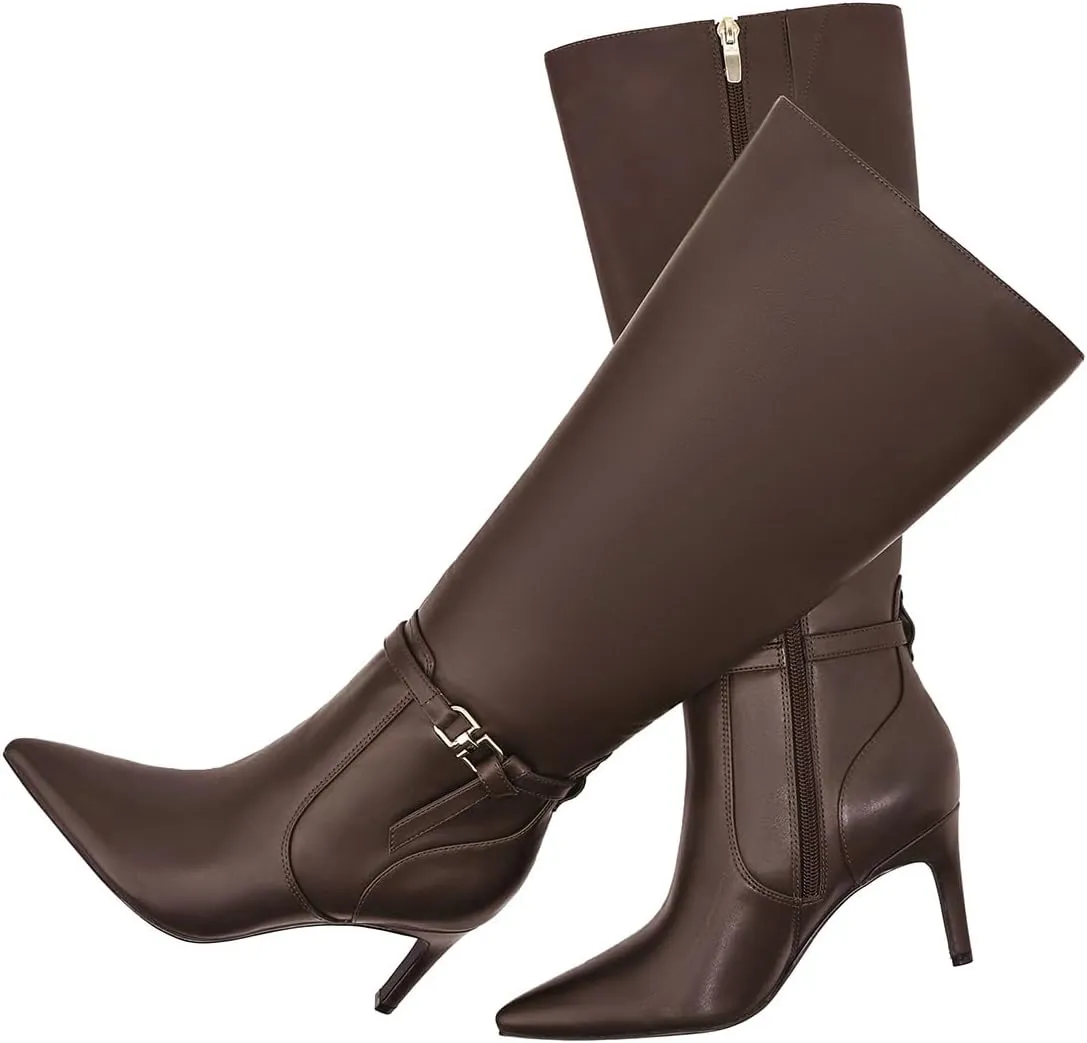 Women's Knee High Boots Women Mid Heel Pointed Toe Tall Boots for Women High Heel Side Zipper with Buckle Bow Knots Long Boots for Fall Winter for Fall Winter