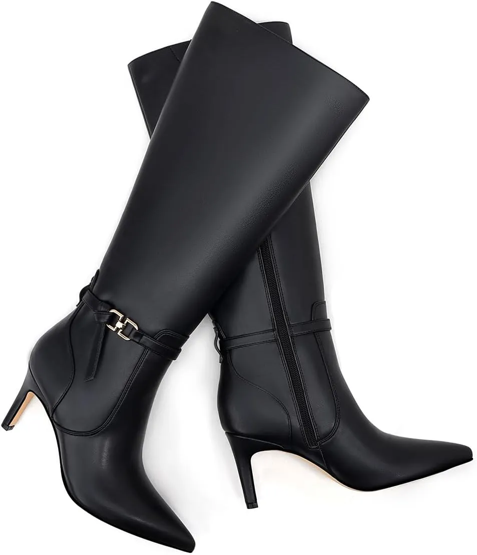 Women's Knee High Boots Women Mid Heel Pointed Toe Tall Boots for Women High Heel Side Zipper with Buckle Bow Knots Long Boots for Fall Winter for Fall Winter