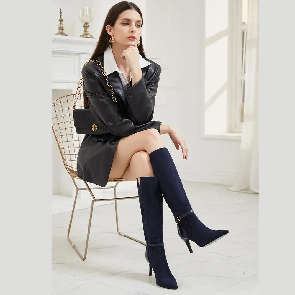 Women's Knee High Boots Women Mid Heel Pointed Toe Tall Boots for Women High Heel Side Zipper with Buckle Bow Knots Long Boots for Fall Winter for Fall Winter