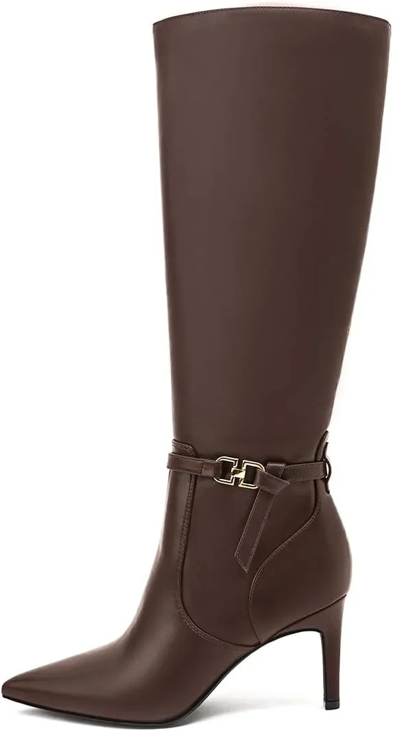 Women's Knee High Boots Women Mid Heel Pointed Toe Tall Boots for Women High Heel Side Zipper with Buckle Bow Knots Long Boots for Fall Winter for Fall Winter