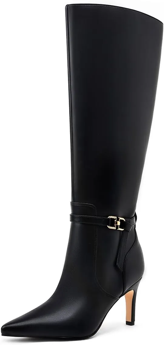 Women's Knee High Boots Women Mid Heel Pointed Toe Tall Boots for Women High Heel Side Zipper with Buckle Bow Knots Long Boots for Fall Winter for Fall Winter