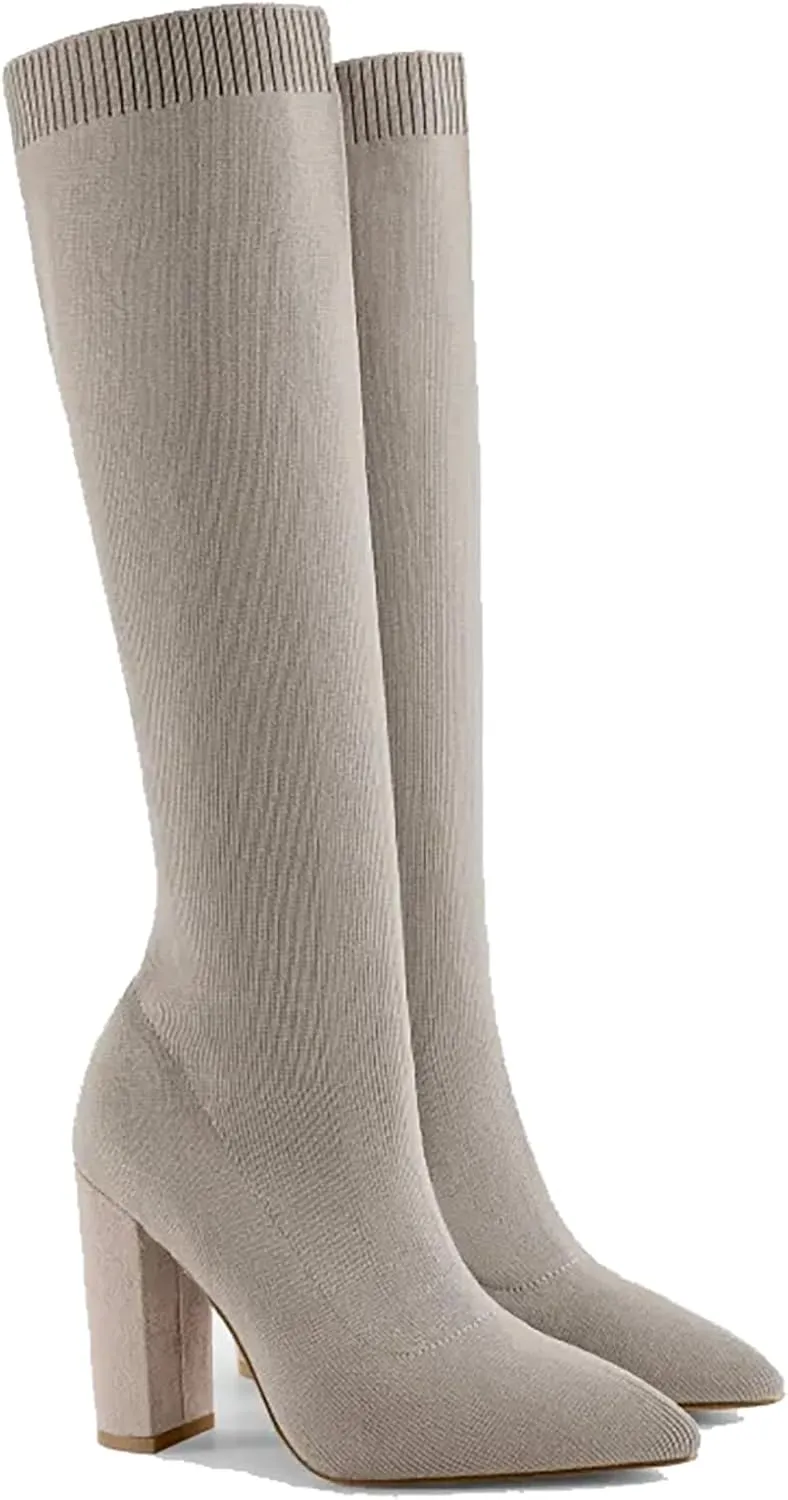 Women's Knee High Stretch Knit Chunky Heel Non-Slip Boots