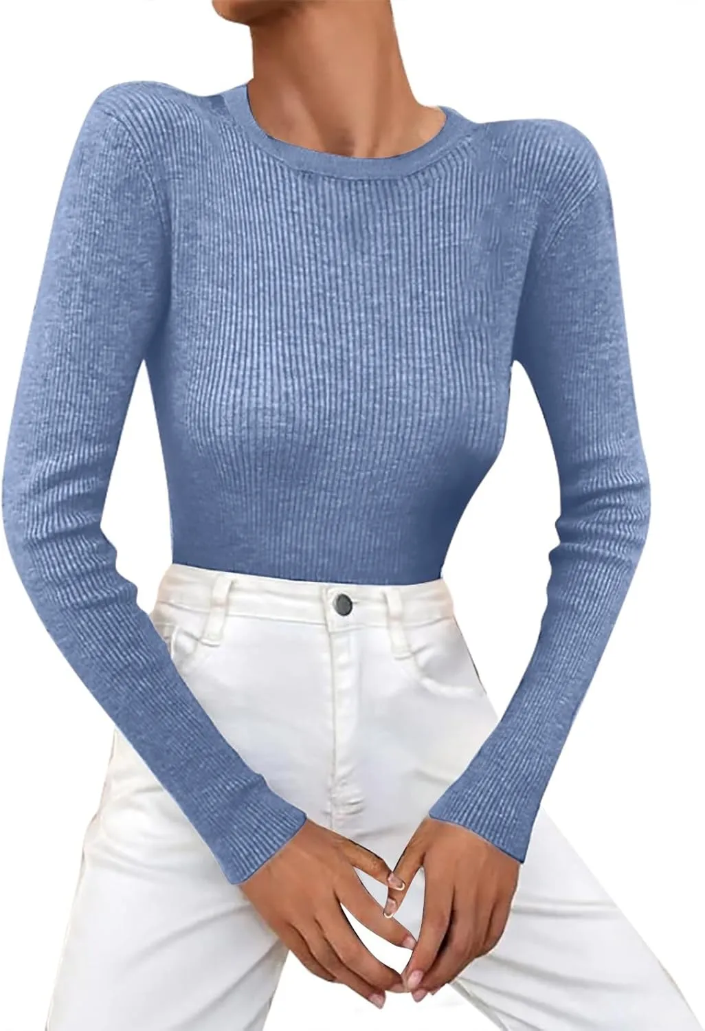 Womens Knit Sweater Slim Fit Turtleneck Sweater Solid Crew Neck Pullover Long Sleeve Base Versatile Ribbed Stretch Tops