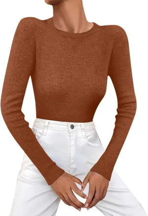 Womens Knit Sweater Slim Fit Turtleneck Sweater Solid Crew Neck Pullover Long Sleeve Base Versatile Ribbed Stretch Tops
