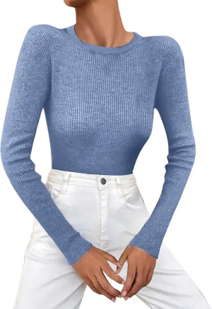 Womens Knit Sweater Slim Fit Turtleneck Sweater Solid Crew Neck Pullover Long Sleeve Base Versatile Ribbed Stretch Tops