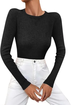 Womens Knit Sweater Slim Fit Turtleneck Sweater Solid Crew Neck Pullover Long Sleeve Base Versatile Ribbed Stretch Tops