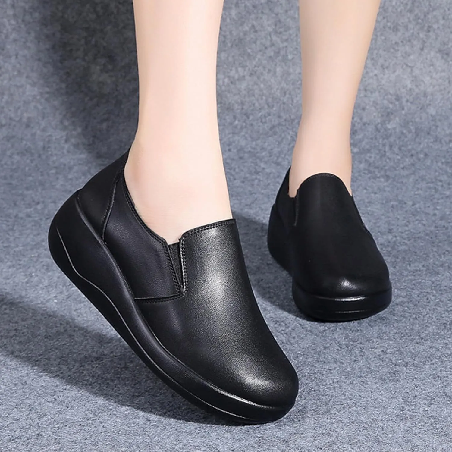 Women's Leather Platform Wedge Rocker Walking Shoes Wide Round Toe Slip-On Arch Support Lightweight Sneakers Comfortable Non-Slip Soft Bottom Fashion Mom Loafers