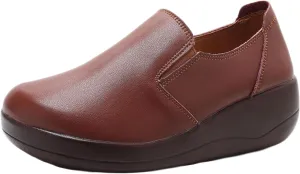 Women's Leather Platform Wedge Rocker Walking Shoes Wide Round Toe Slip-On Arch Support Lightweight Sneakers Comfortable Non-Slip Soft Bottom Fashion Mom Loafers