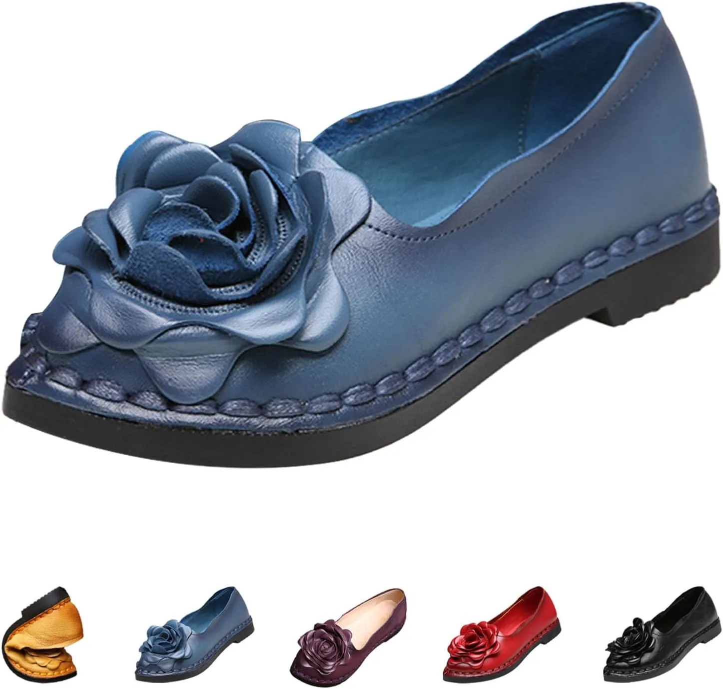 Women's Leather Pointed-Toe Slip On Dress Shoes,Vintage Handmade Flower Comfort Ox Softsole Casual Dating Flat Loafers