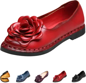 Women's Leather Pointed-Toe Slip On Dress Shoes,Vintage Handmade Flower Comfort Ox Softsole Casual Dating Flat Loafers