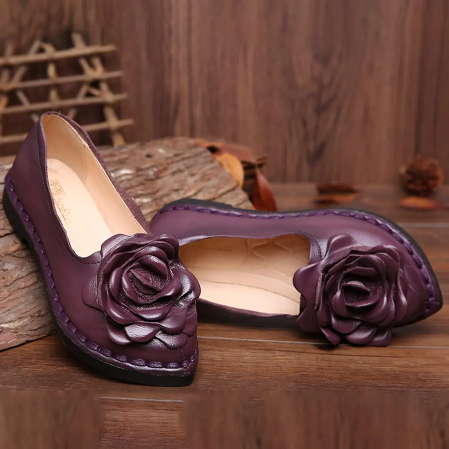 Women's Leather Pointed-Toe Slip On Dress Shoes,Vintage Handmade Flower Comfort Ox Softsole Casual Dating Flat Loafers