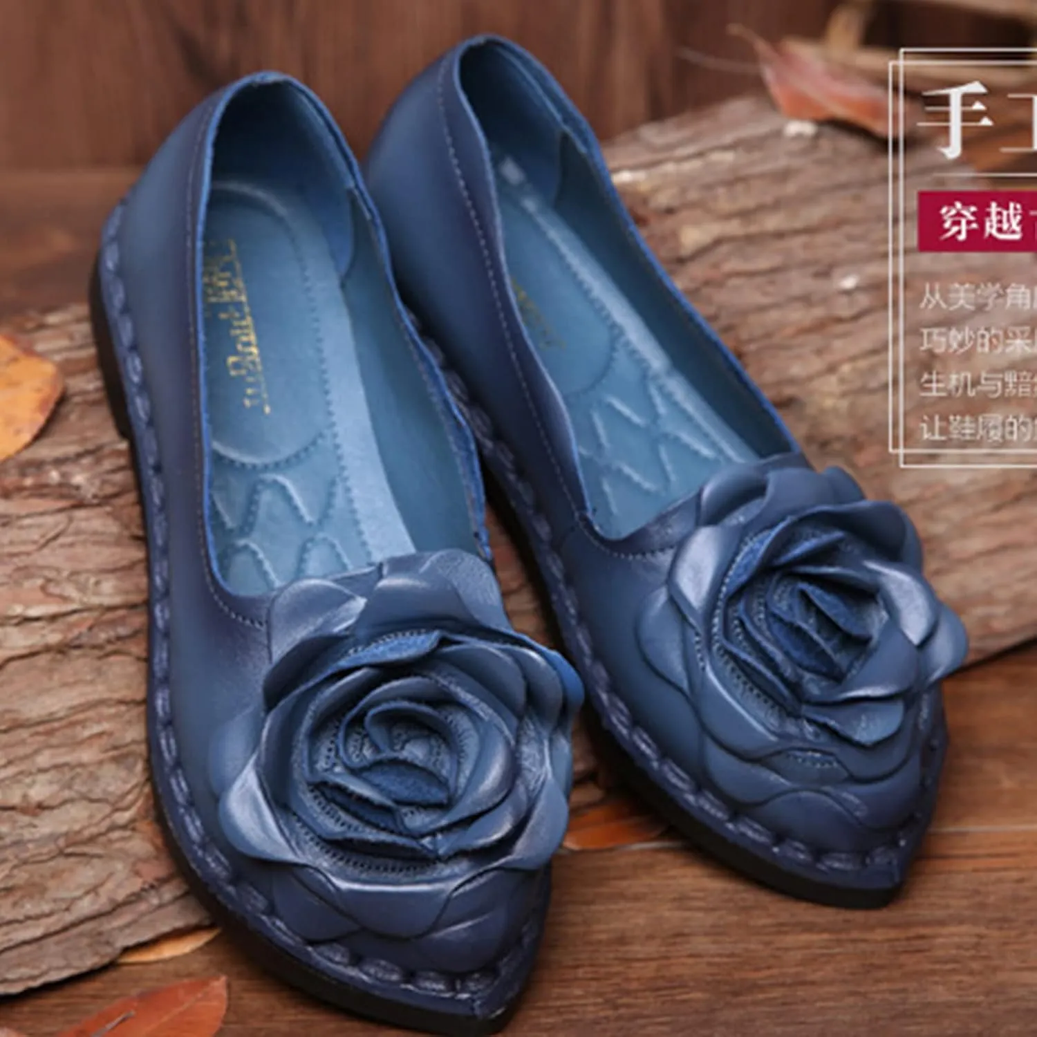 Women's Leather Pointed-Toe Slip On Dress Shoes,Vintage Handmade Flower Comfort Ox Softsole Casual Dating Flat Loafers