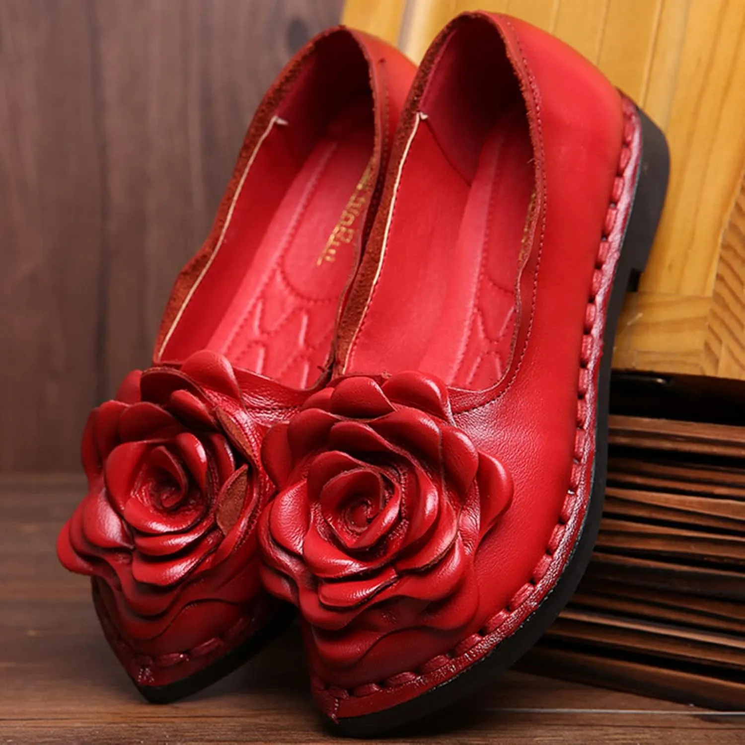 Women's Leather Pointed-Toe Slip On Dress Shoes,Vintage Handmade Flower Comfort Ox Softsole Casual Dating Flat Loafers