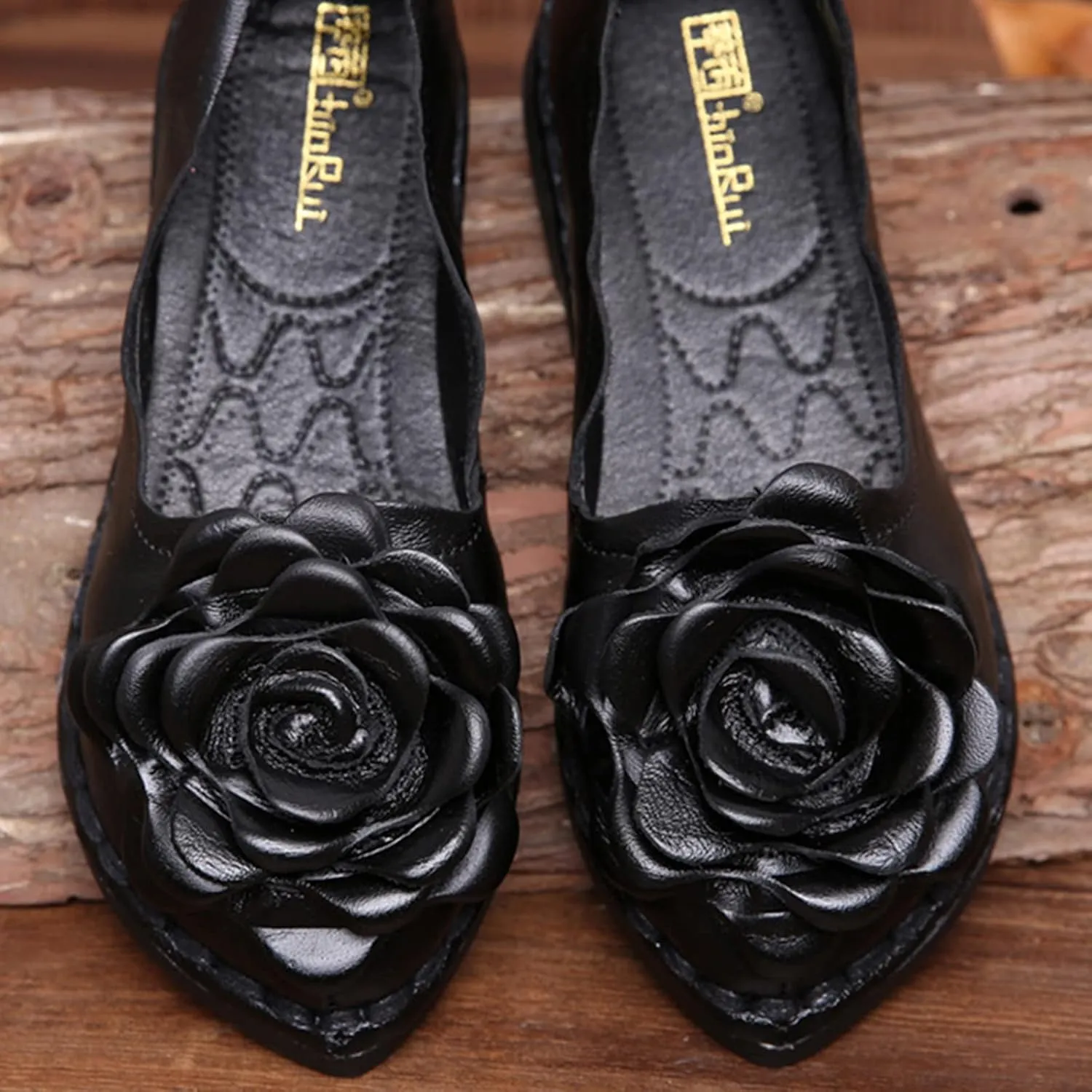 Women's Leather Pointed-Toe Slip On Dress Shoes,Vintage Handmade Flower Comfort Ox Softsole Casual Dating Flat Loafers